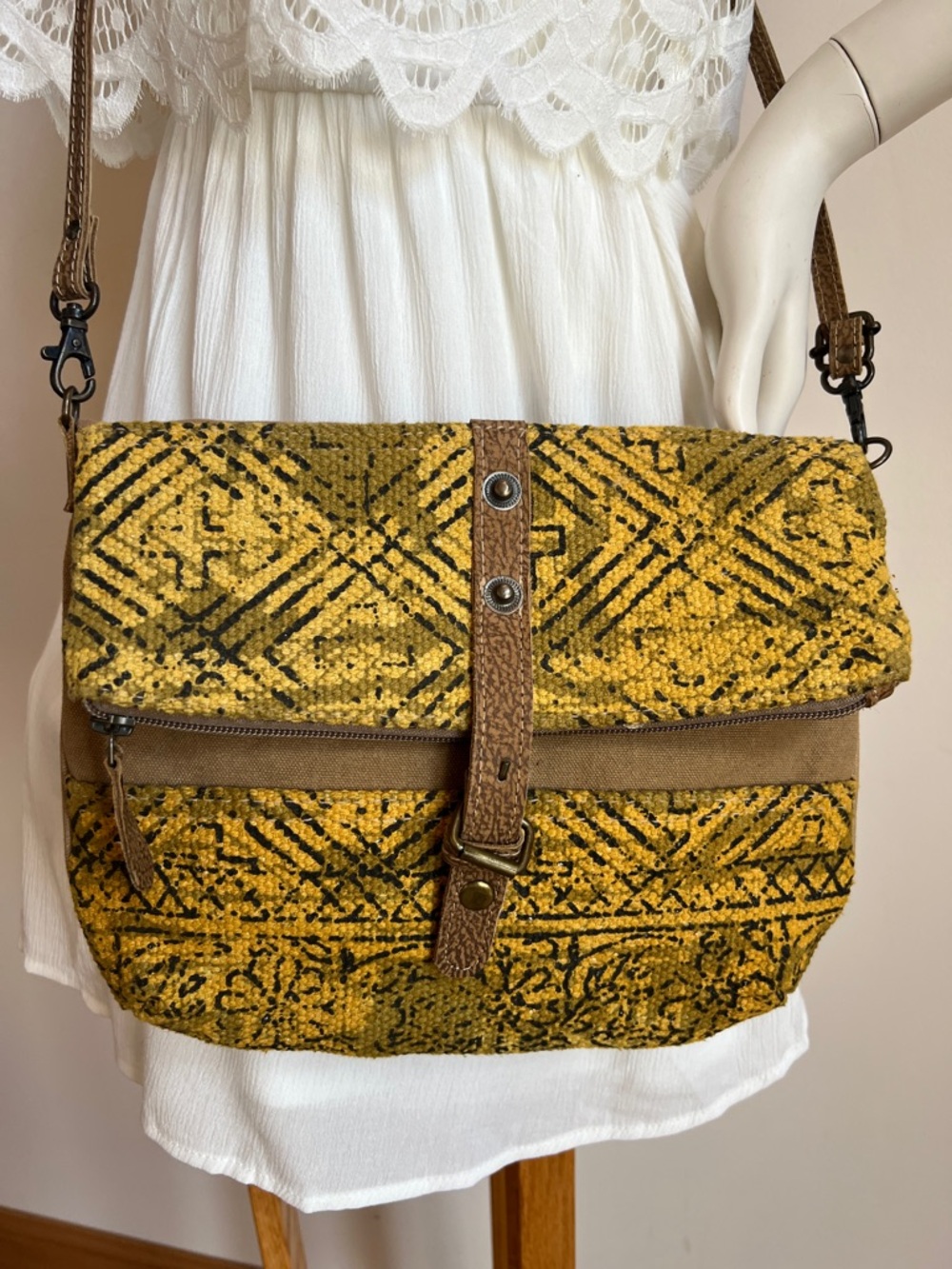 Myra Bag southwestern vibes Yellow Patterned Crossbody with Brown Trim